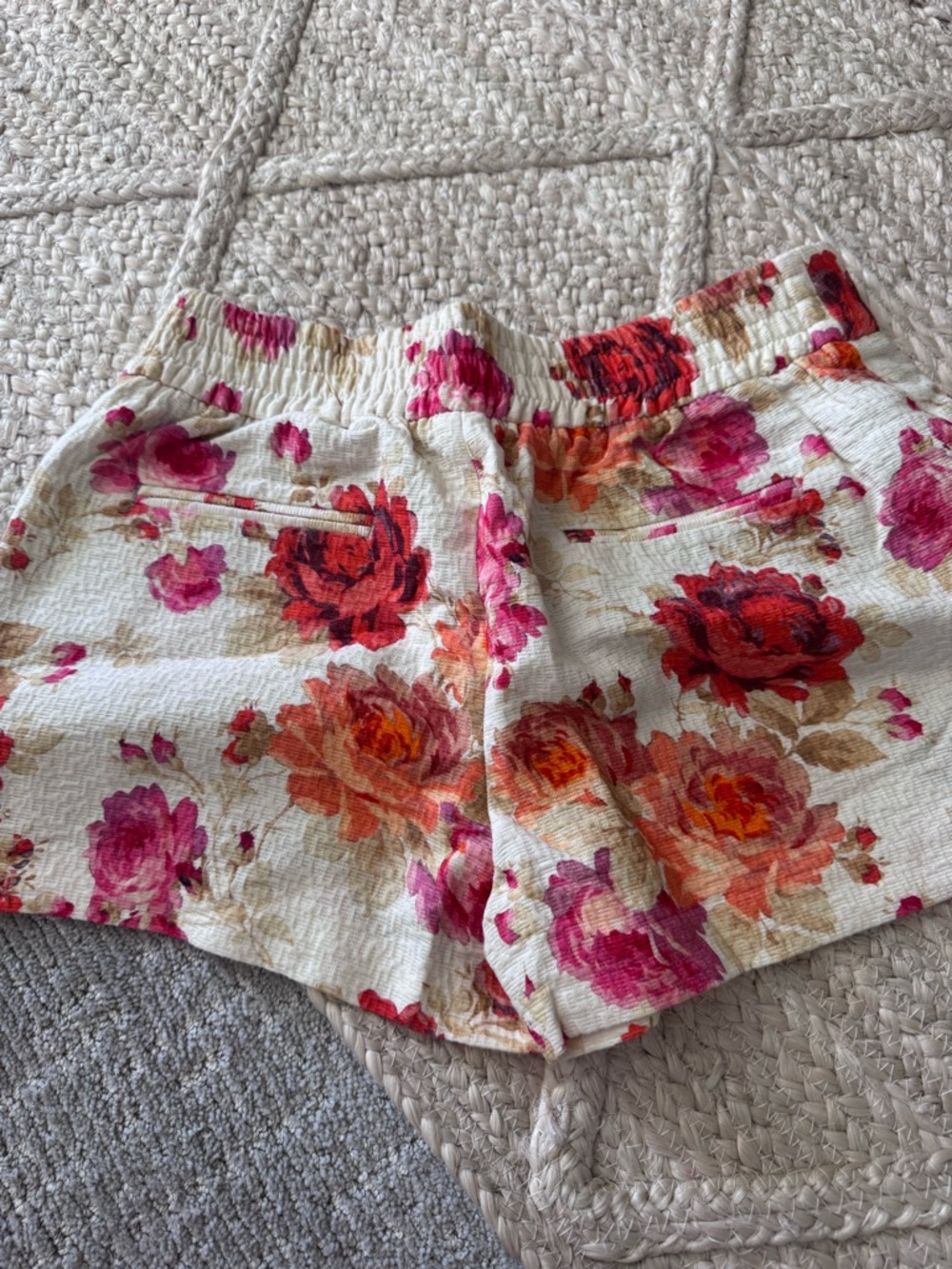 Zara Cream High-Waist Floral Shorts with Pink & Red Roses
